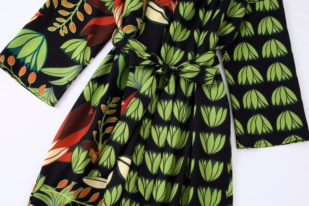 Spring Long Sleeve Printed Belted Flowy Dress
